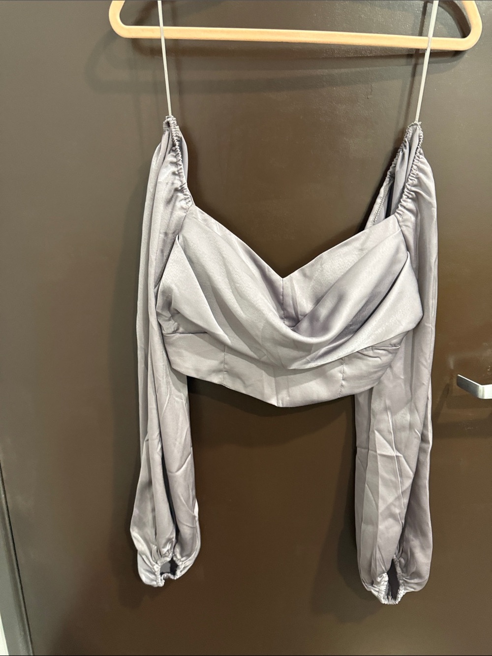Fiesta Satin Draped Off-Shoulder Crop Top in Light Silver Gray